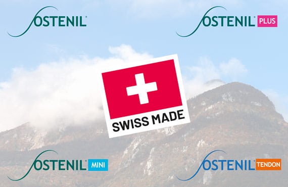 the 4 Logos of the Swiss Made Ostenil. Treatment for osteoarthritis through injections of hyaluronic acid with Ostenil