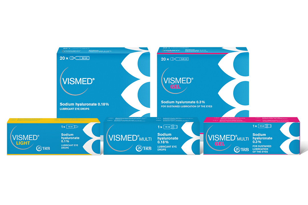 VISMED Augentropfen Produktreihe in blauer Verpackung